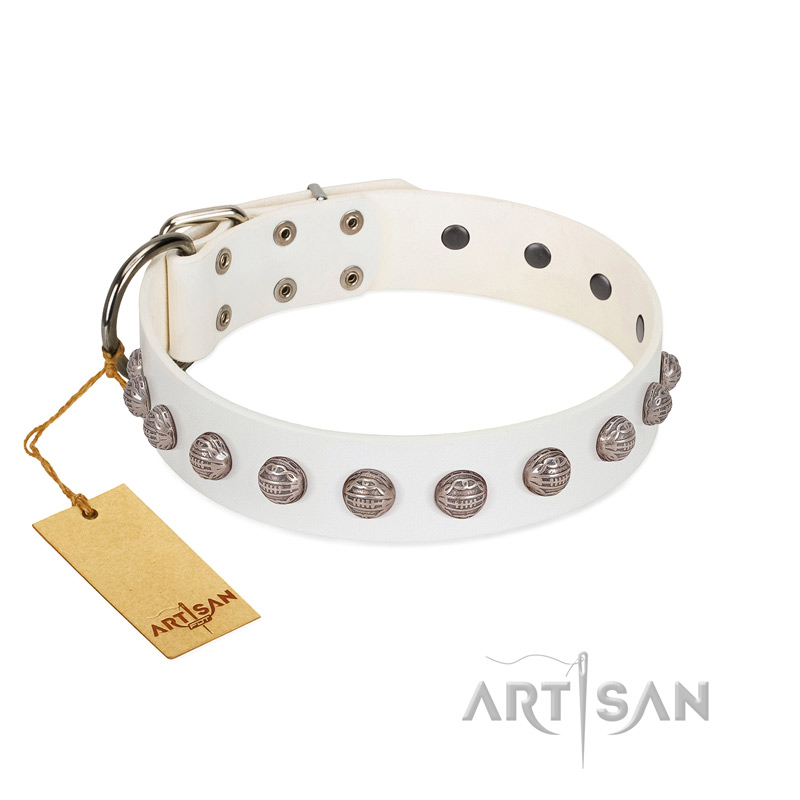 "Grandeur Dog" FDT Artisan White Leather Dog Collar with Engraved Studs